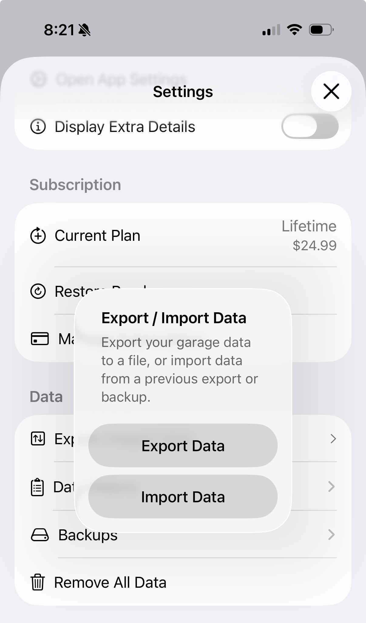 Auto Care Plus export screen showing the Export Data option, which saves your full garage and service history to a file you can hand to a buyer