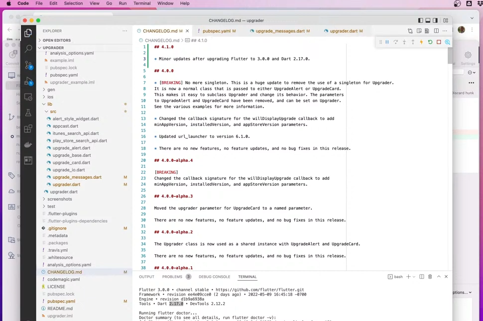 Live coding flutter development on the upgrader package